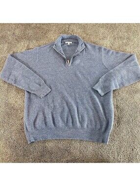 Peter Millar Mens L Sweater Quarter Zip Sweater Blue Cashmere Linen Knit